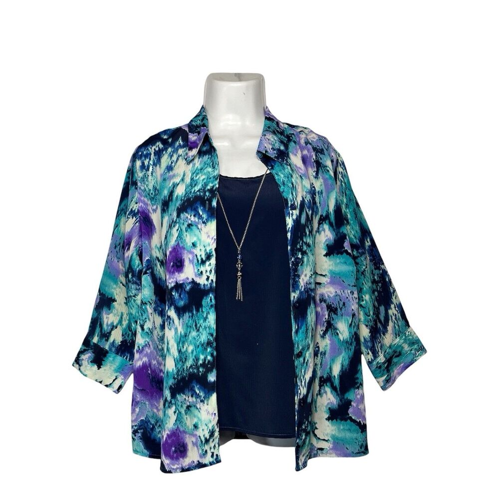 Joanna Women 2 Pc Blouse Button Up Large Multicolor Watercolor Abstract Artsy
